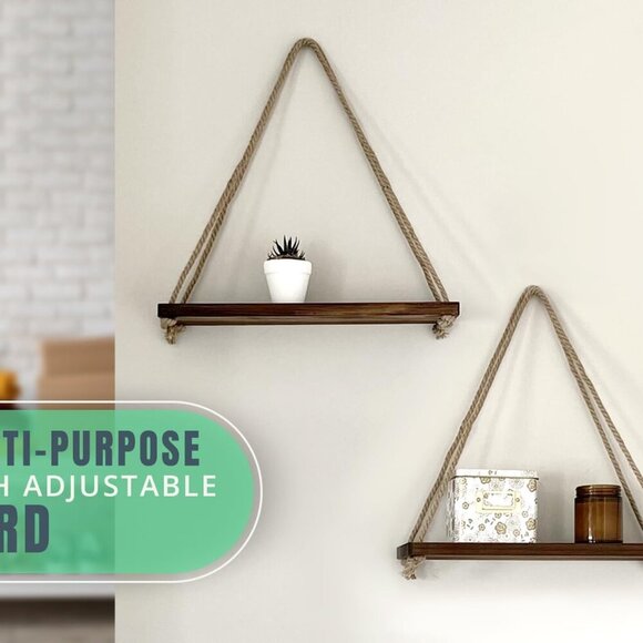 Hanging Shelves for Wall - Set of 2 – Rustic Farmhouse Boho Shelves with String– - Picture 2 of 7